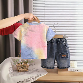 Boys Multicolor Typographic Print T-Shirt With Denim Shorts Sets Sets