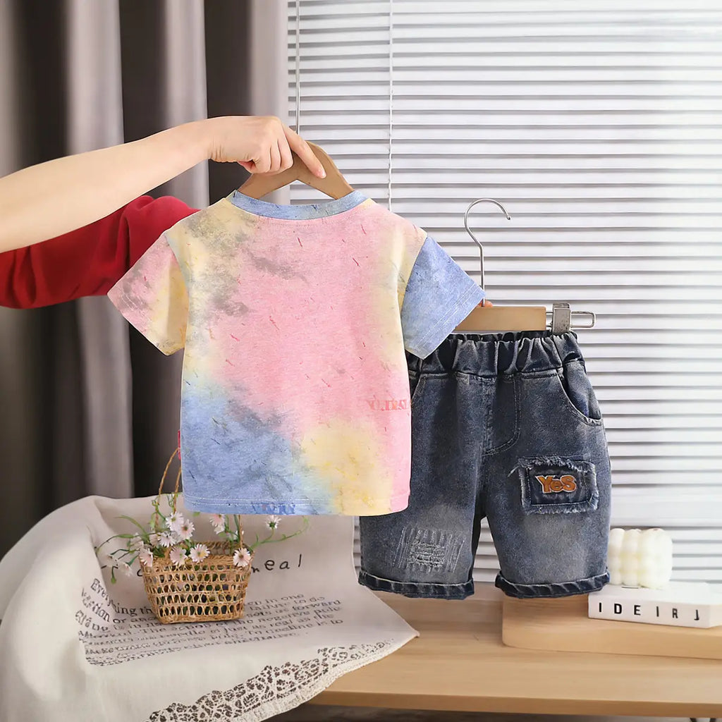 Boys Multicolor Typographic Print T-Shirt With Denim Shorts Sets Sets