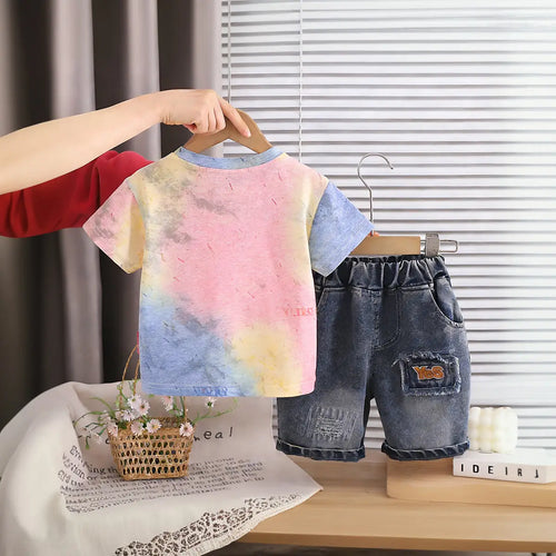 Boys Multicolor Typographic Print T-Shirt With Denim Shorts Sets Sets