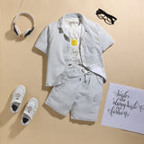 Boys Green Stripes Short Sleeves Shirt With Printed T-Shirt & Shorts Sets