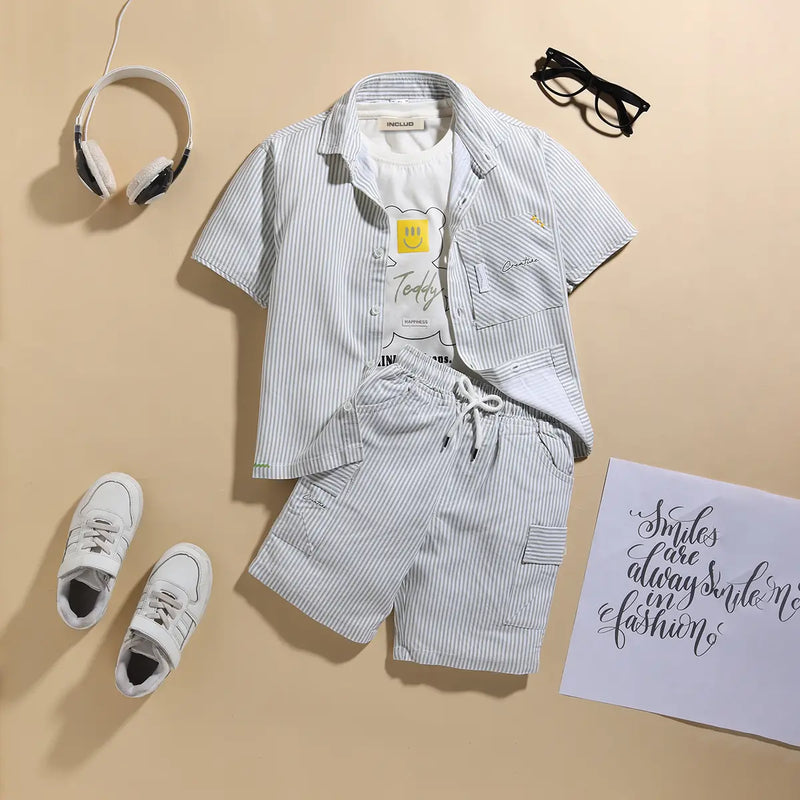 Boys Green Stripes Short Sleeves Shirt With Printed T-Shirt & Shorts Sets Sets Green 0-1 Y