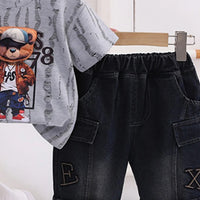 Boys Grey Bear Graphic Short Sleeve T-Shirt With Denim Shorts Sets 2 pc. Sets