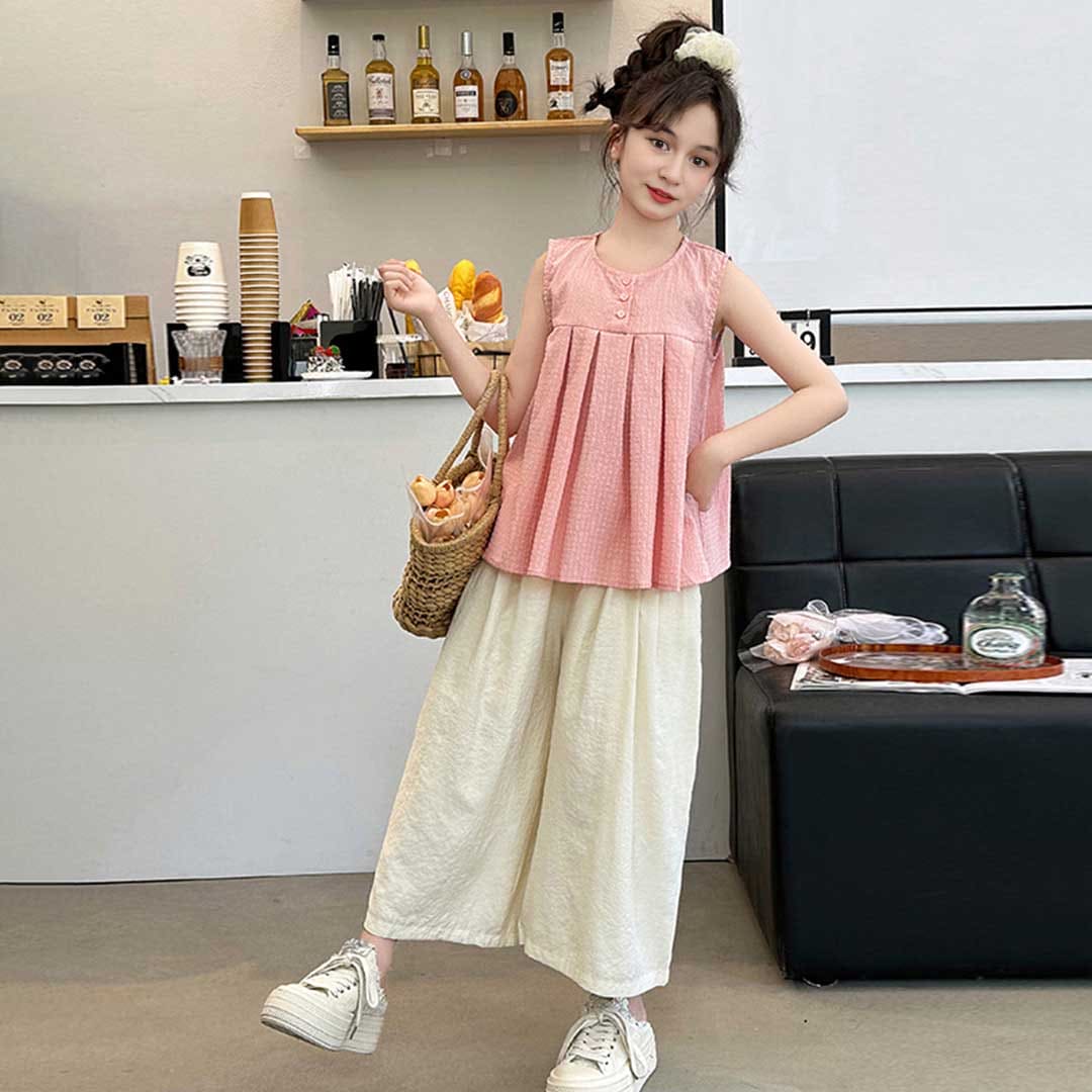 Girls Sleeveless Empire Line Top With Pants Set Sets   