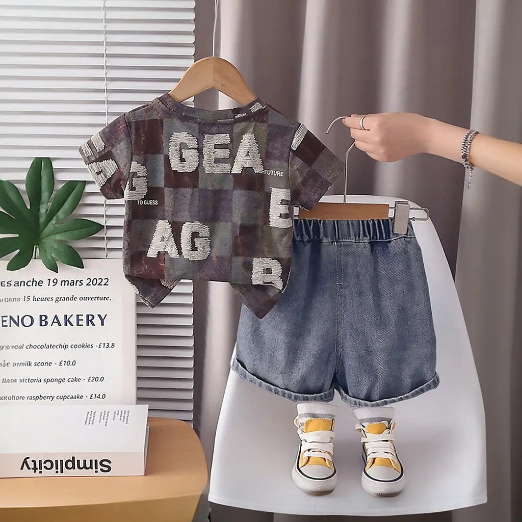 Boys Brown Typographic Printed Short Sleeves T-Shirt With Denim Shorts Sets 2 pc. Sets