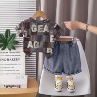Boys Brown Typographic Printed Short Sleeves T-Shirt With Denim Shorts Sets 2 pc. Sets