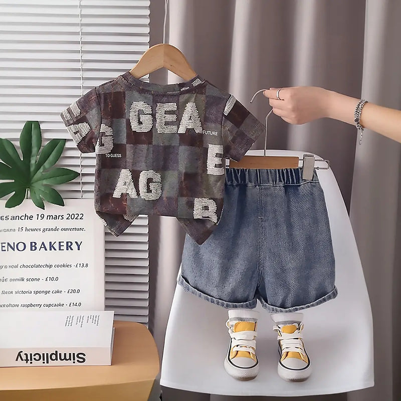 Boys Brown Typographic Printed Short Sleeves T-Shirt With Denim Shorts Sets 2 pc. Sets