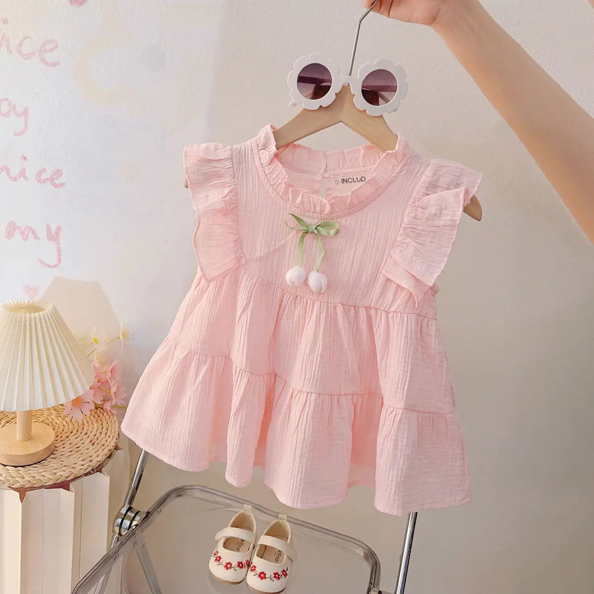 Girls Light Pink Sleeveless Bow Accent Tiered Dress Casual Dresses Light Pink 1-2 Y