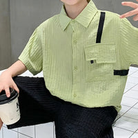 Boys Green Textured Drop Shoulder Shirt With Shorts Sets Sets