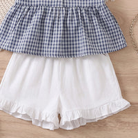 Girls Blue Checked Sleeveless Peplum Top With Ruffle Shorts Sets 2 pc. Sets