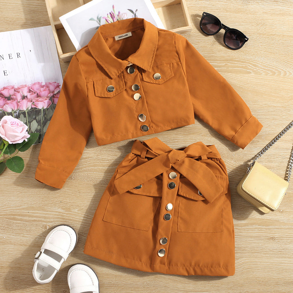 Girls Brown Long Sleeve Jacket Top With Skirt Set Sets Brown 1-2 Y 