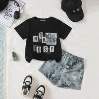 Boys Black Typographic Printed Contrast Patch Pocket T-Shirt With Shorts Set 2 pc. Sets Black 3-4 Y