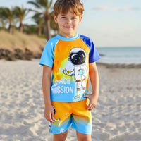 Boys Orange Space Themed Short Sleeves T-Shirt & Shorts With Cap Swimsuit Sets Sets