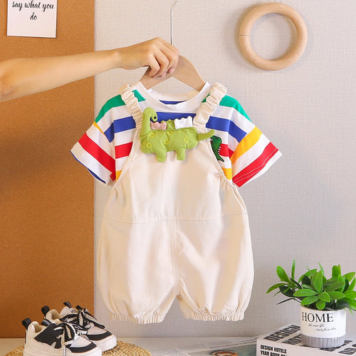 Boys Short Sleeve T-Shirt With Beige Dinosaur Applique Dungaree Sets 2 pc. Sets Beige 1-2 Y