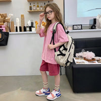 Girls Pink Typographic Print Short Sleeve T-Shirt With Elasticated Shorts Sets Sets
