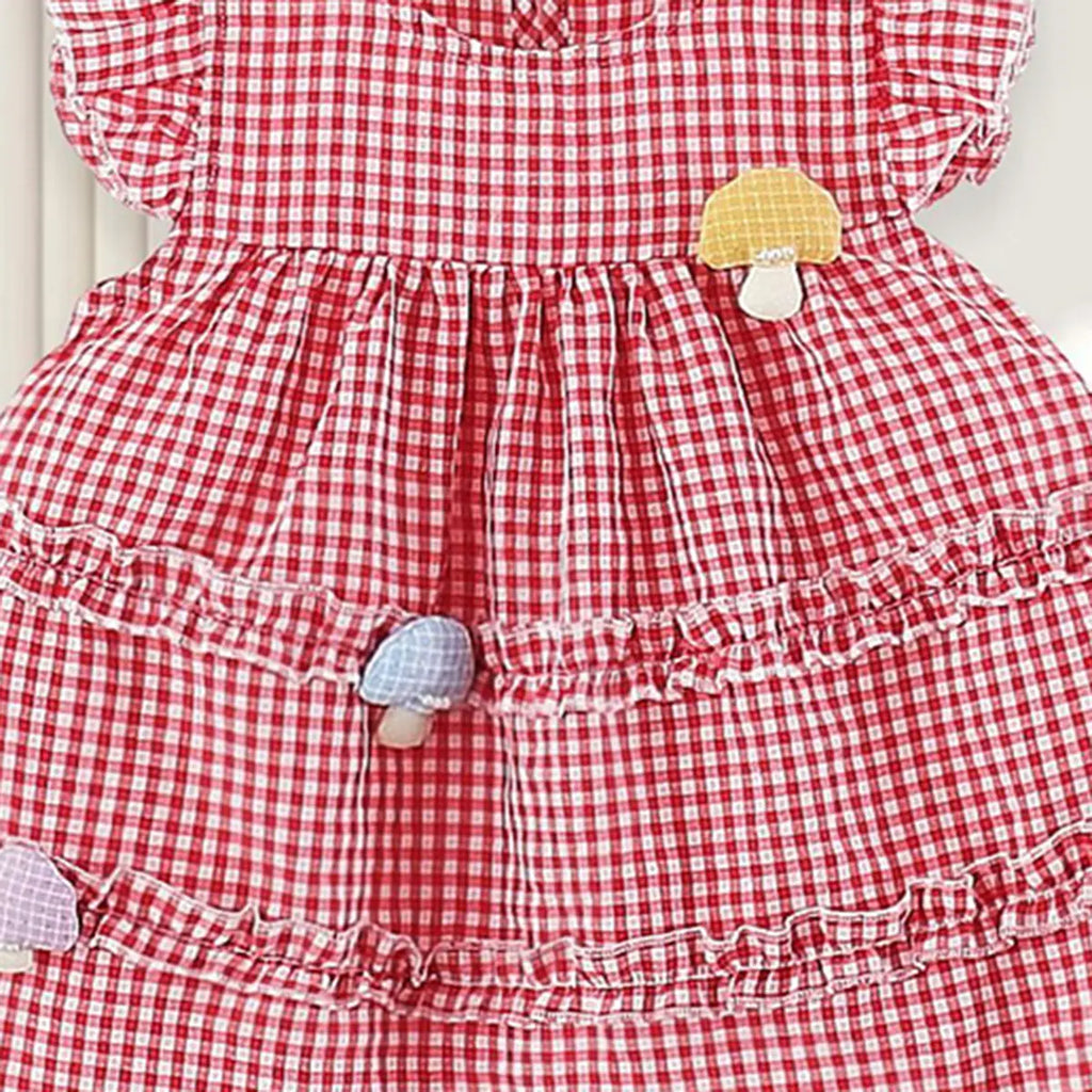 Girls Red Checked Mushroom Applique Fit & Flare Casual Dress Casual Dresses