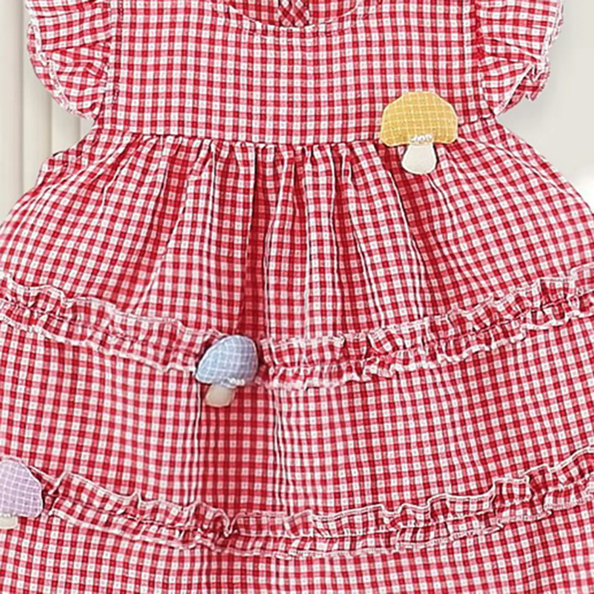 Girls Red Checked Mushroom Applique Fit & Flare Casual Dress Casual Dresses