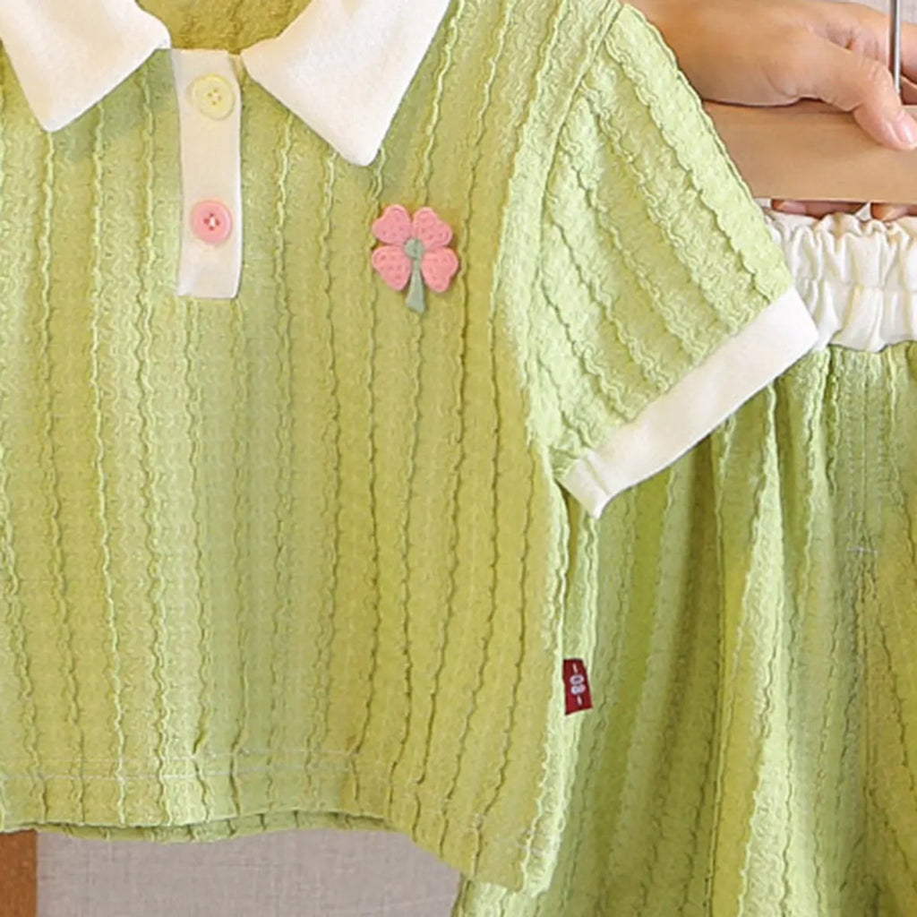 Girls Green Textured Polo T-Shirt With Shorts Co-ord Sets Sets