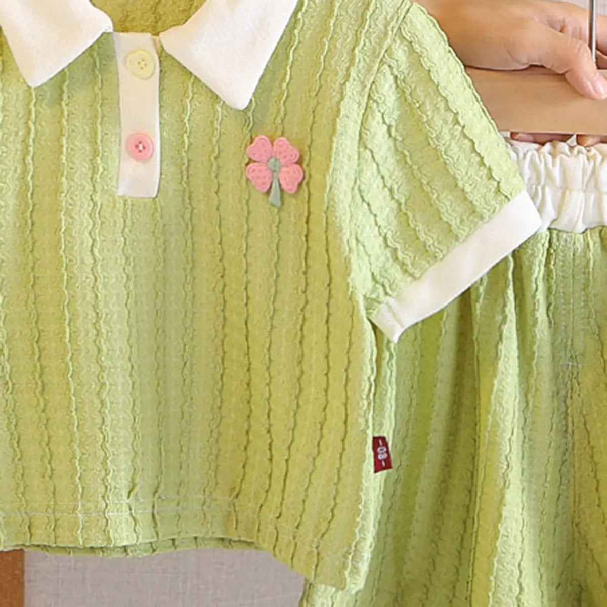 Girls Green Textured Polo T-Shirt With Shorts Co-ord Sets Sets