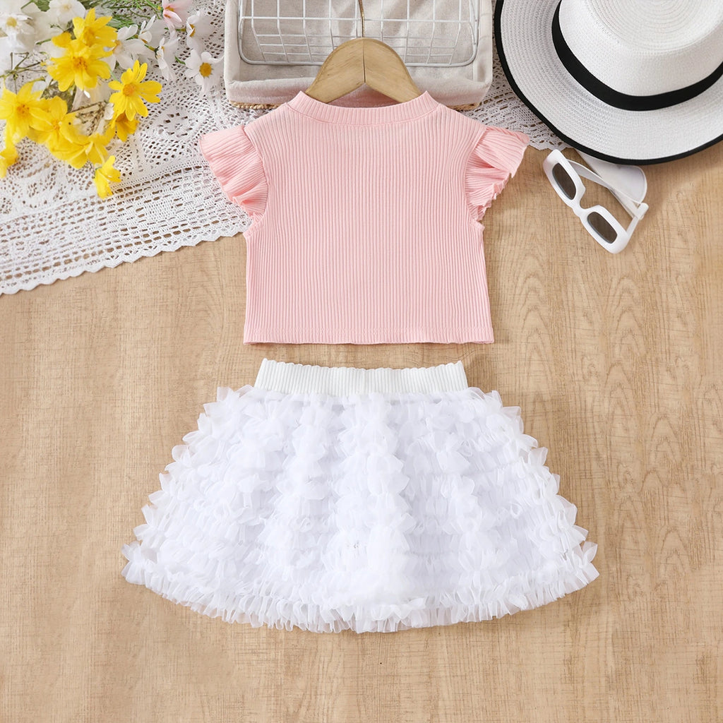 Girls Pink Pearl Embellished Top With Ruffled Tulle Skirts Set Sets