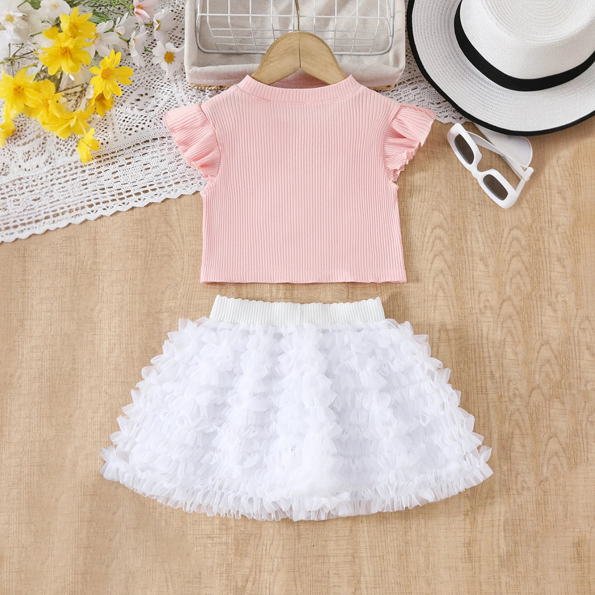 Girls Pink Pearl Embellished Top With Ruffled Tulle Skirts Set Sets
