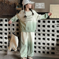 Girls Green Typographic Printed Sweatshirt With Flared Pants Winter Co-ord Set 2 pc. Sets