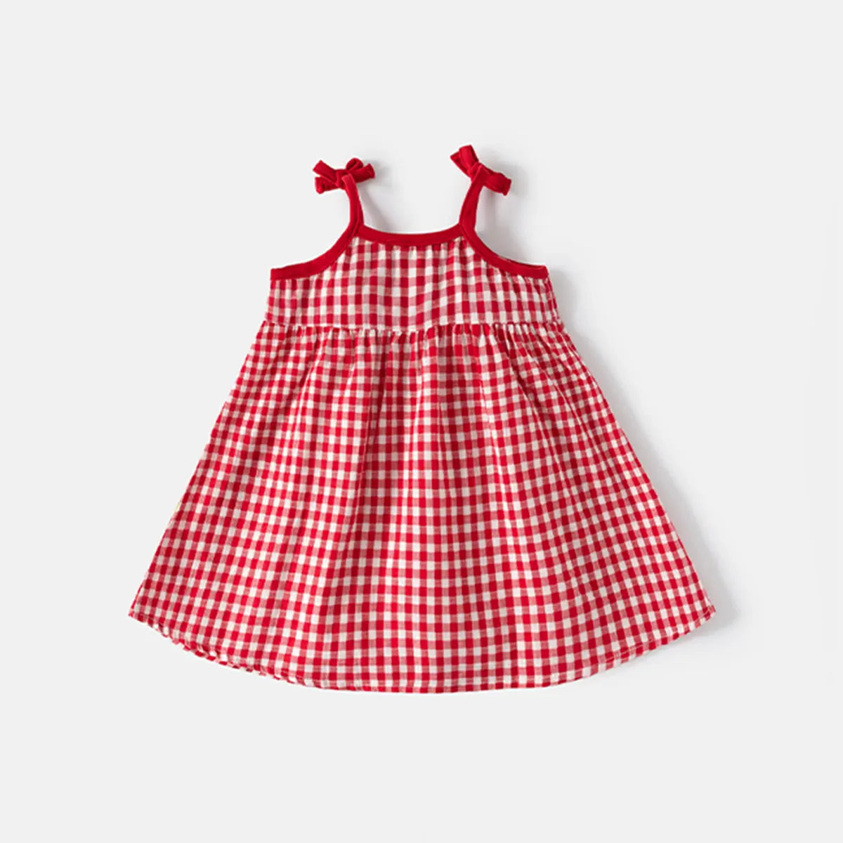 Girls Red Checked Sleeveless A-line Dress With Strawberry Appliques Casual Dresses