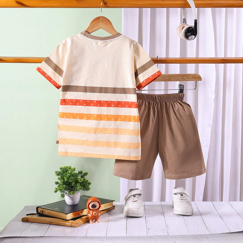 Boys Beige Cartoon Graphic Stripes T-Shirt With Elasticated Shorts Sets Sets