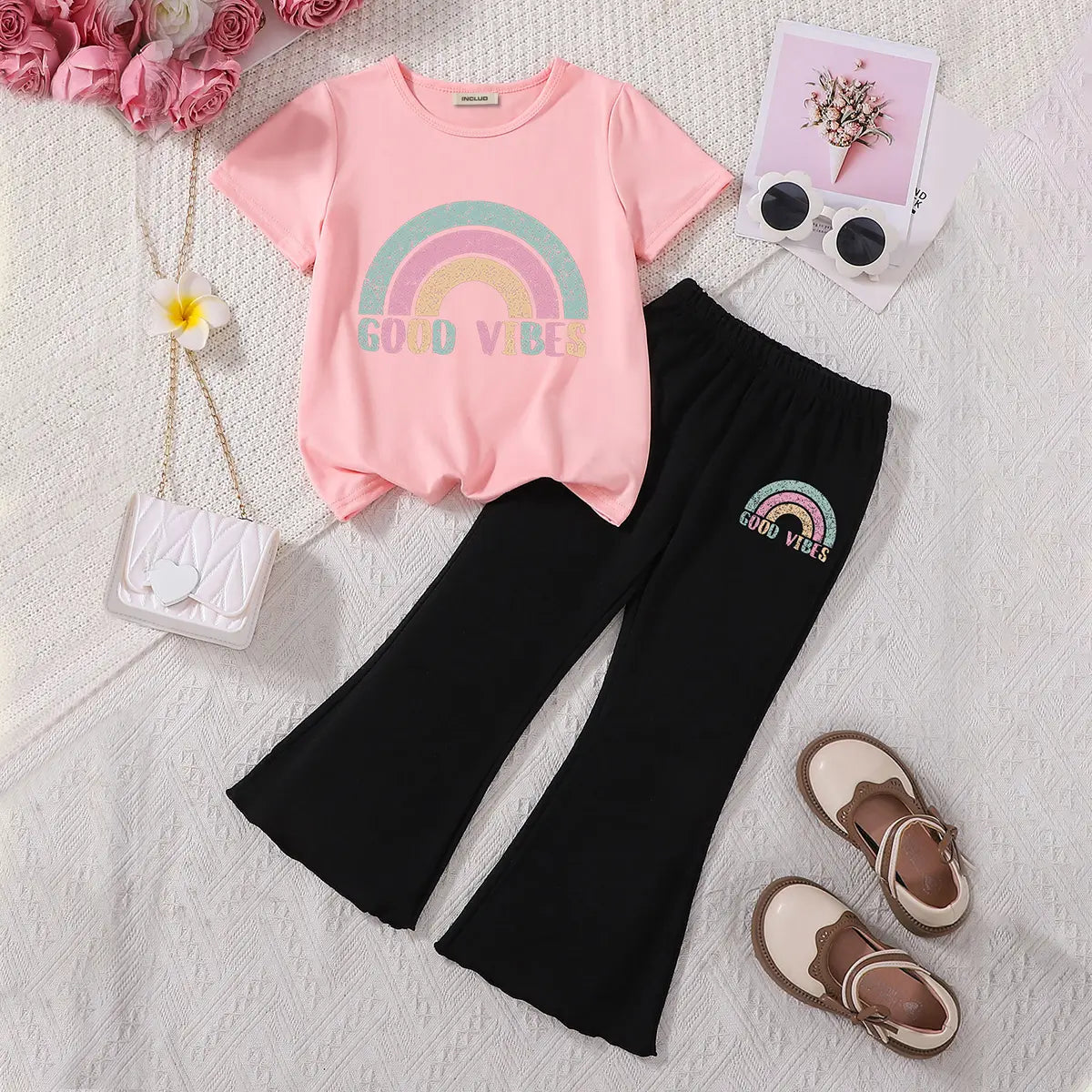 Girls Pink Rainbow Printed T-Shirt With Flared Pants Sets Sets Pink 3-4 Y