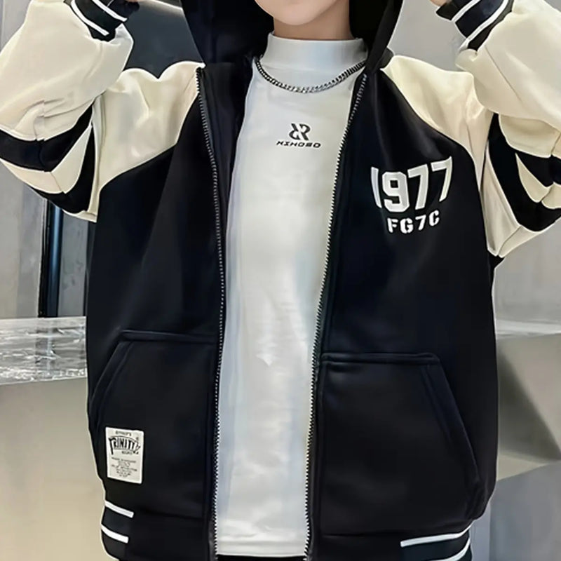 Boys Black Alphanumeric Printed Oversized Hooded Zipper Jacket With Jogger Sets Sets