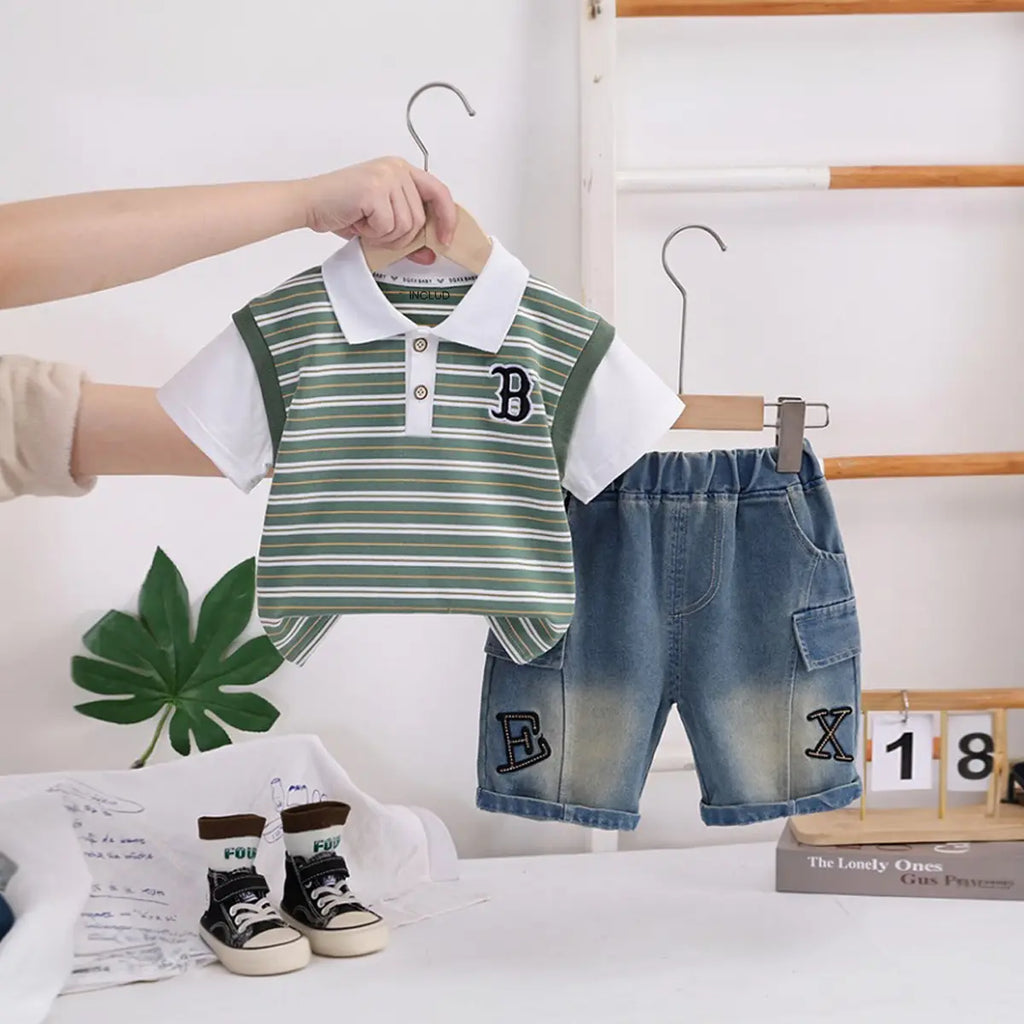 Boys Green Striped Short Sleeve Polo T-Shirt With Denim Shorts Sets 2 pc. Sets Green 1-2 Y