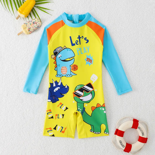 Boys Yellow Graphics Swimwear Bodysuit With Long Sleeves Beachwear Yellow 3-4 Y
