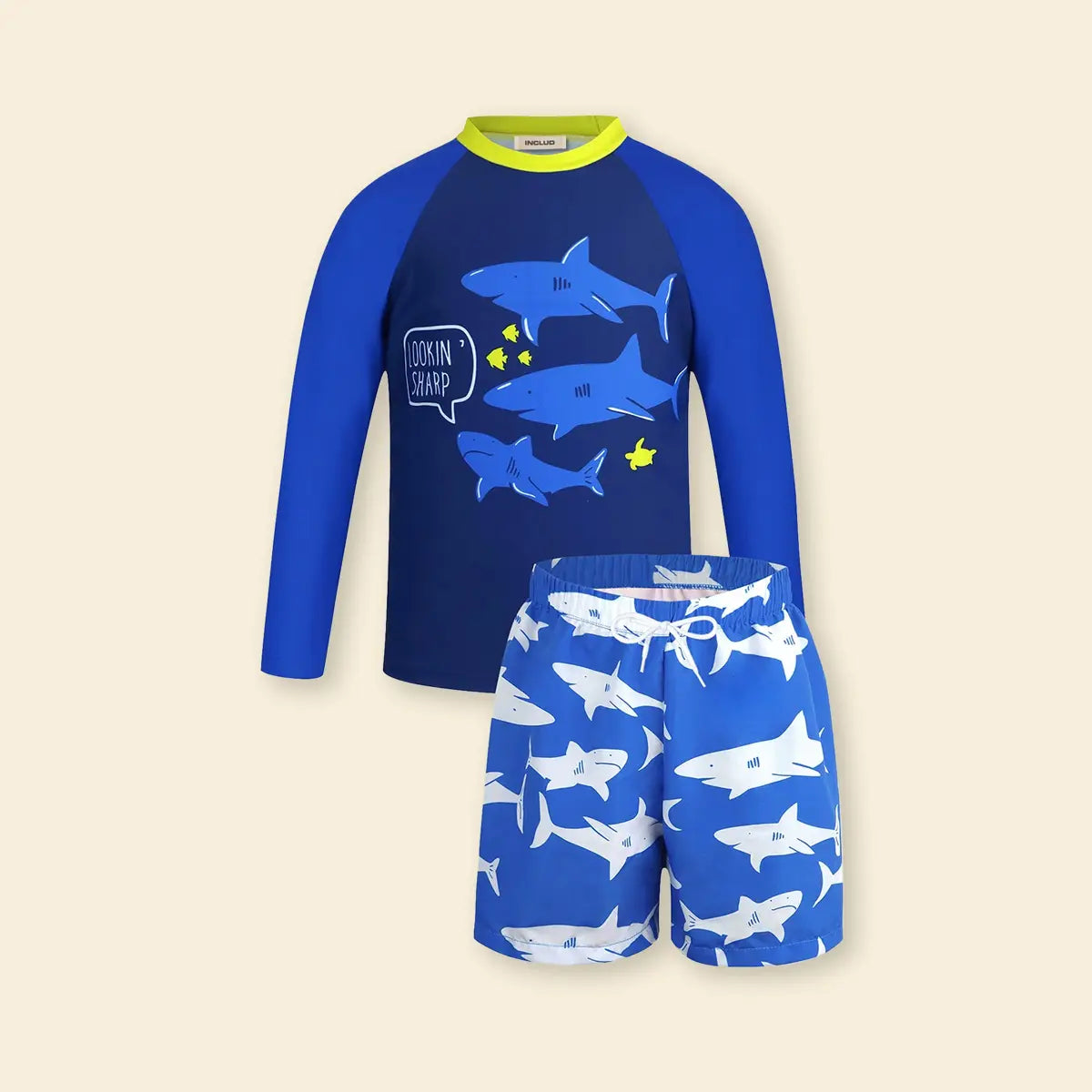 Boys Blue Fish Printed Long Sleeves T-Shirt & Shorts Swimsuit Sets Sets Blue 3-4 Y