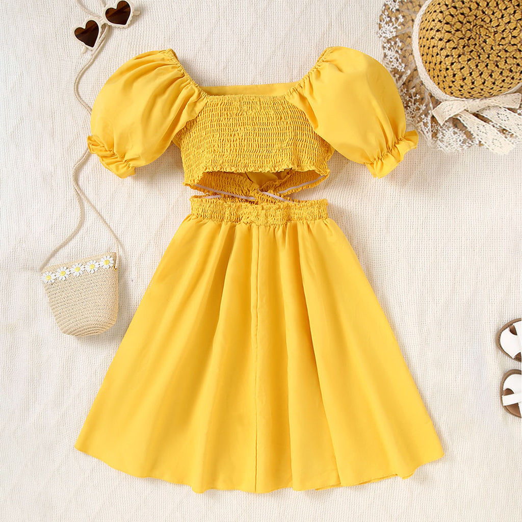 Girls Yellow Square Neck Short Sleeve Cross Waist Dress – INCLUD