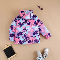 Girls Purple Abstract Printed Hooded Zipper Jacket Coats & Jackets