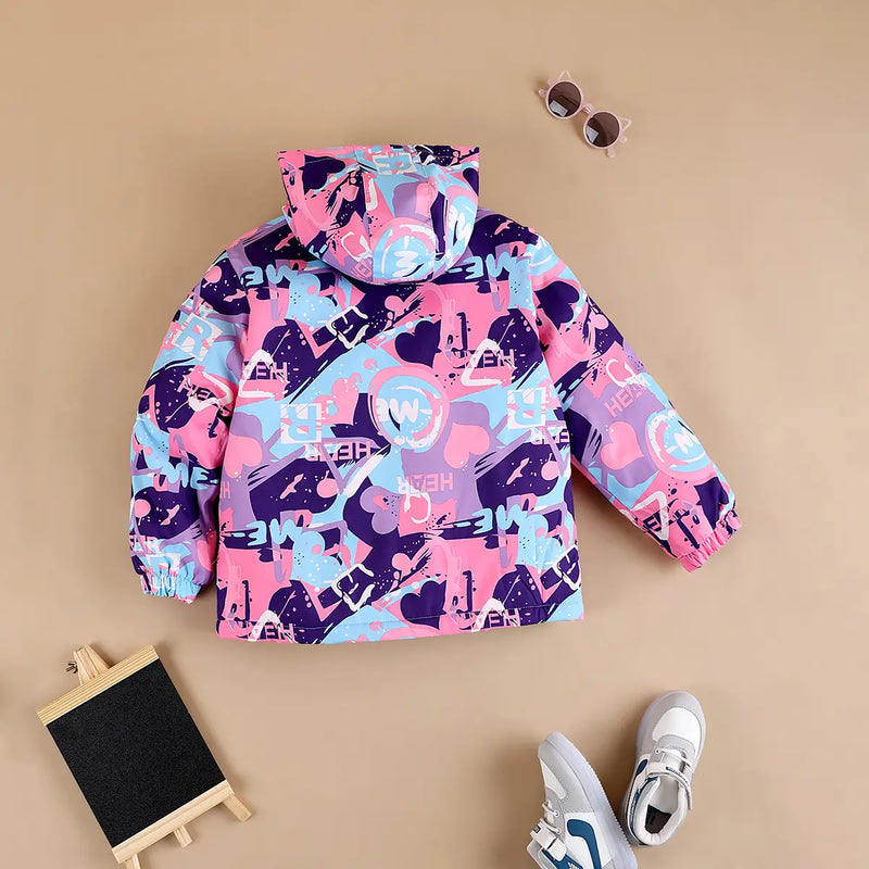 Girls Purple Abstract Printed Hooded Zipper Jacket Coats & Jackets