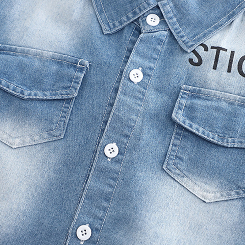 Boys Light Blue Denim Short Sleeves Shirt With Shorts Set 2 pc. Sets