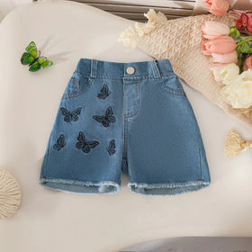 Girls Black Graphics Top With Embroidered Denim Shorts Set Sets
