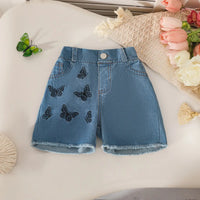 Girls Black Graphics Top With Embroidered Denim Shorts Set Sets