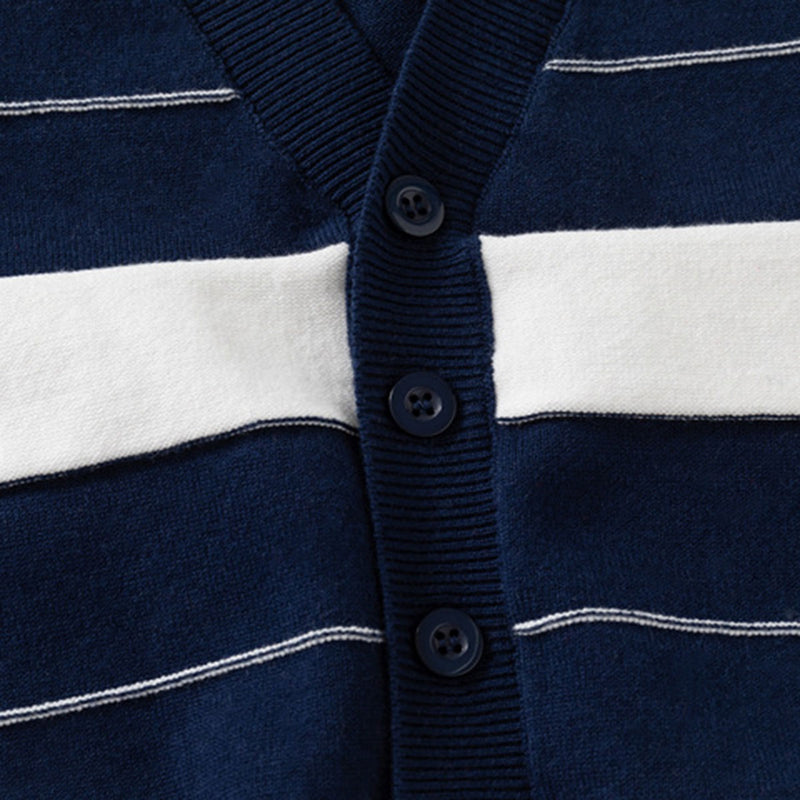 Boys Navy Blue Cardigan With Self-Design Stripe Patterns Sweaters & Cardigans