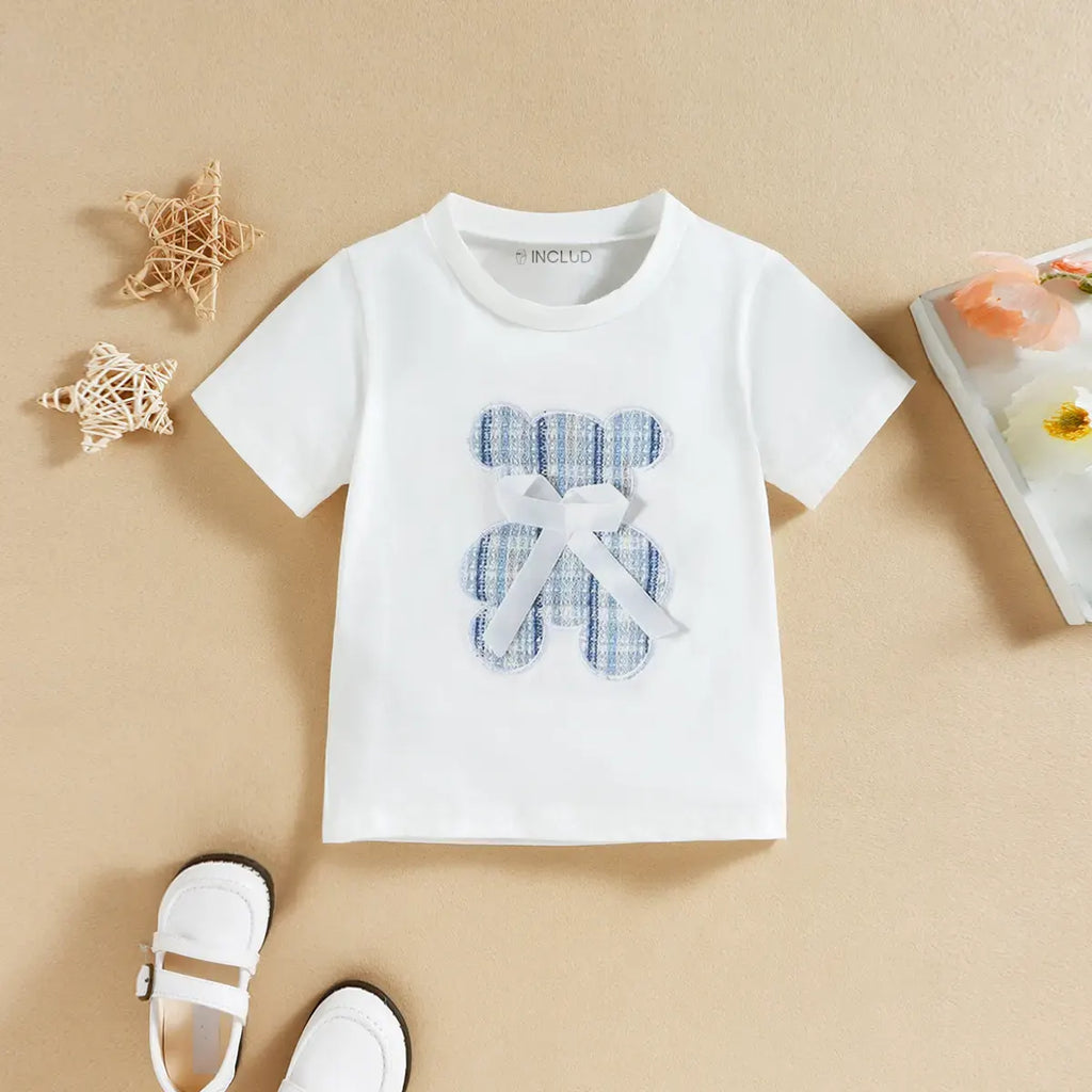 Girls Blue Teddy Bear Applique Short Sleeve T-Shirt With Skirt Sets 2 pc. Sets