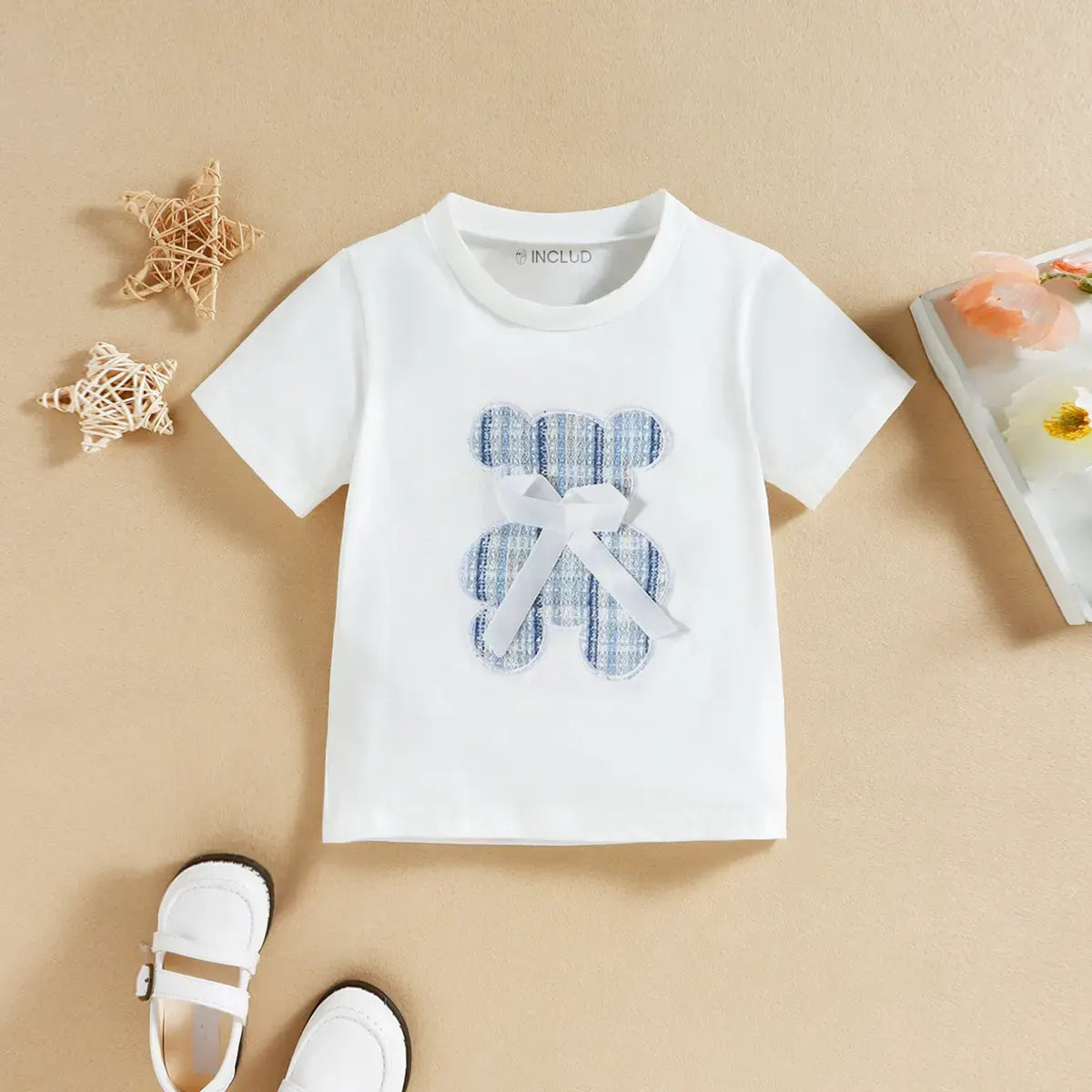 Girls Blue Teddy Bear Applique Short Sleeve T-Shirt With Skirt Sets 2 pc. Sets