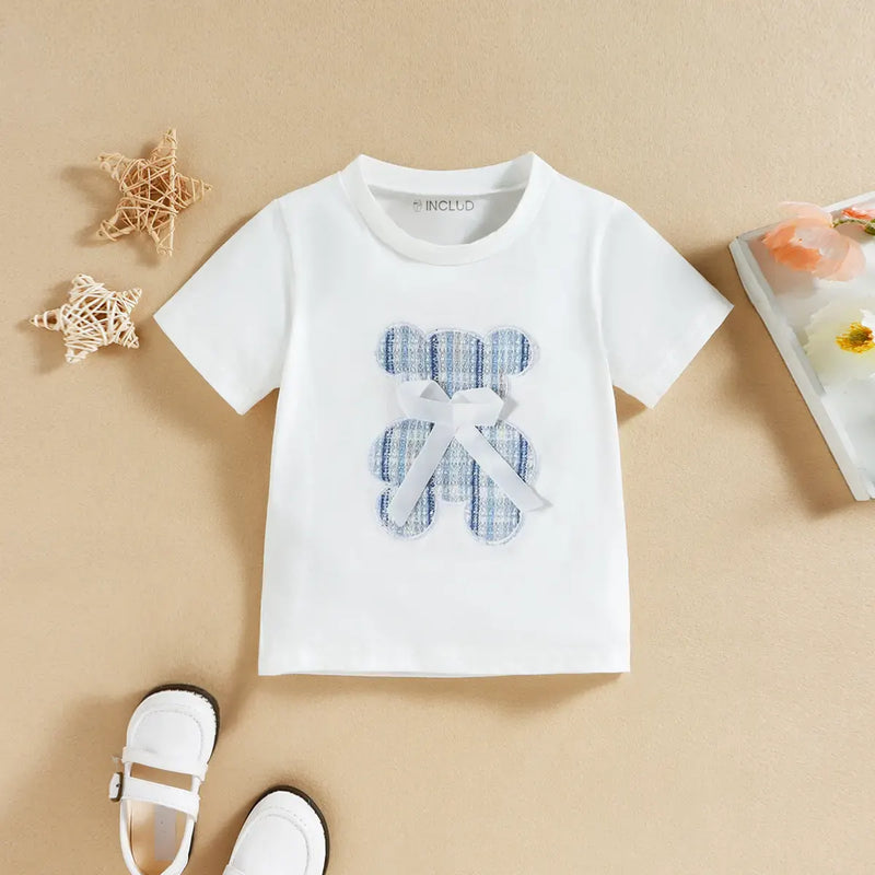 Girls Blue Teddy Bear Applique Short Sleeve T-Shirt With Skirt Sets 2 pc. Sets