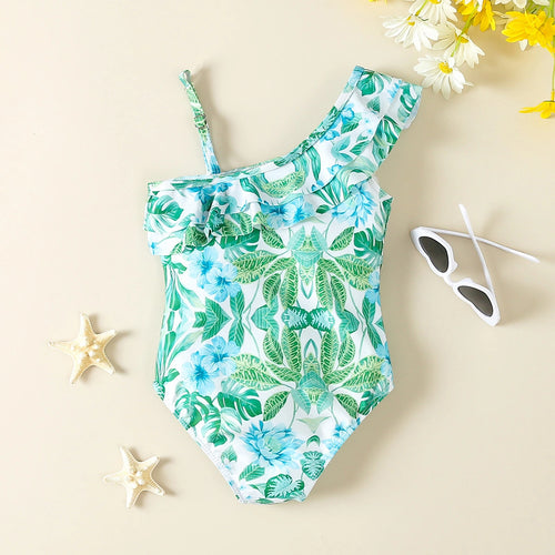 Girls Green Tropical Printed One Shoulder Swimwear Bodysuit Beachwear