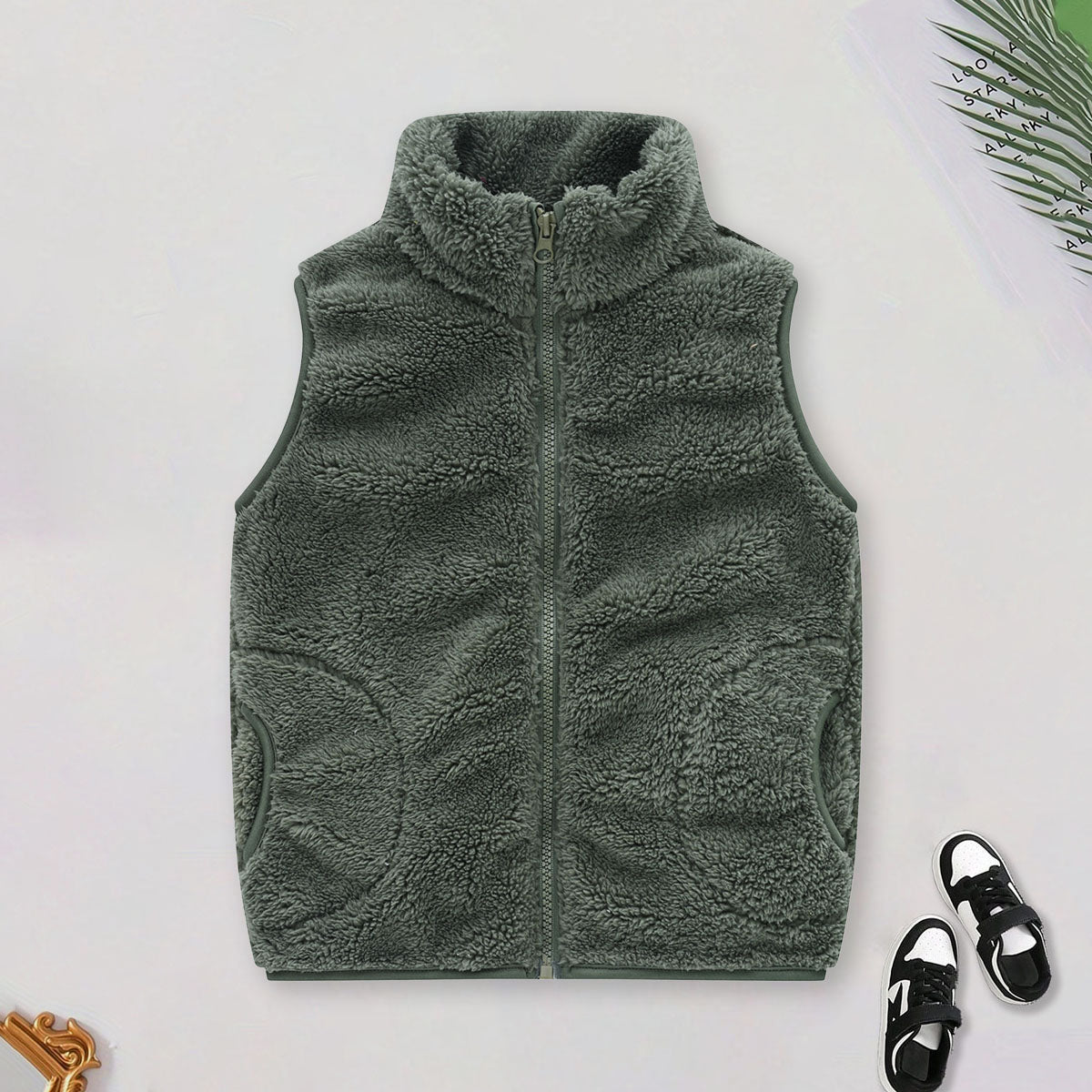 Girls Army Green Fleece Front Zipper Sleeveless Winter Jacket Coats & Jackets Army Green 3-4 Y