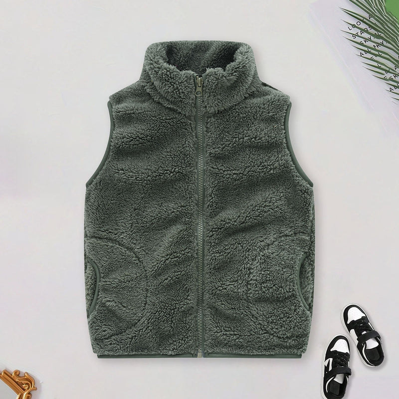 Girls Army Green Fleece Front Zipper Sleeveless Winter Jacket Coats & Jackets Army Green 3-4 Y