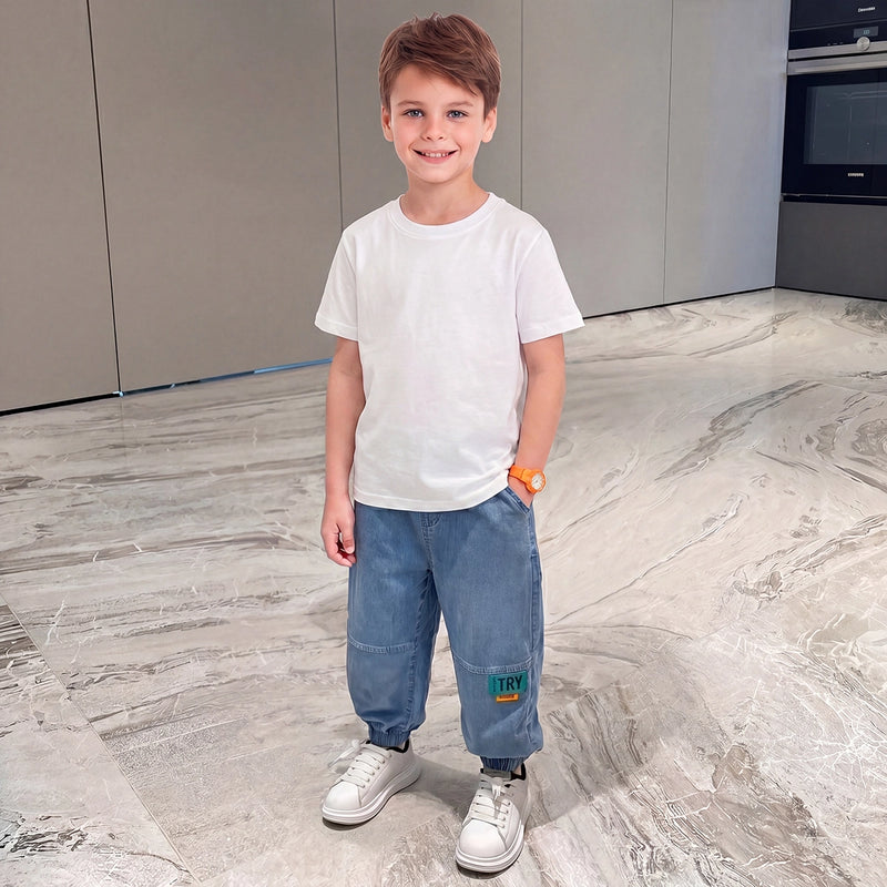 Boys Blue Elasticated Waist Baggy Fit Denim Jeans Pants Blue 3-4 Y