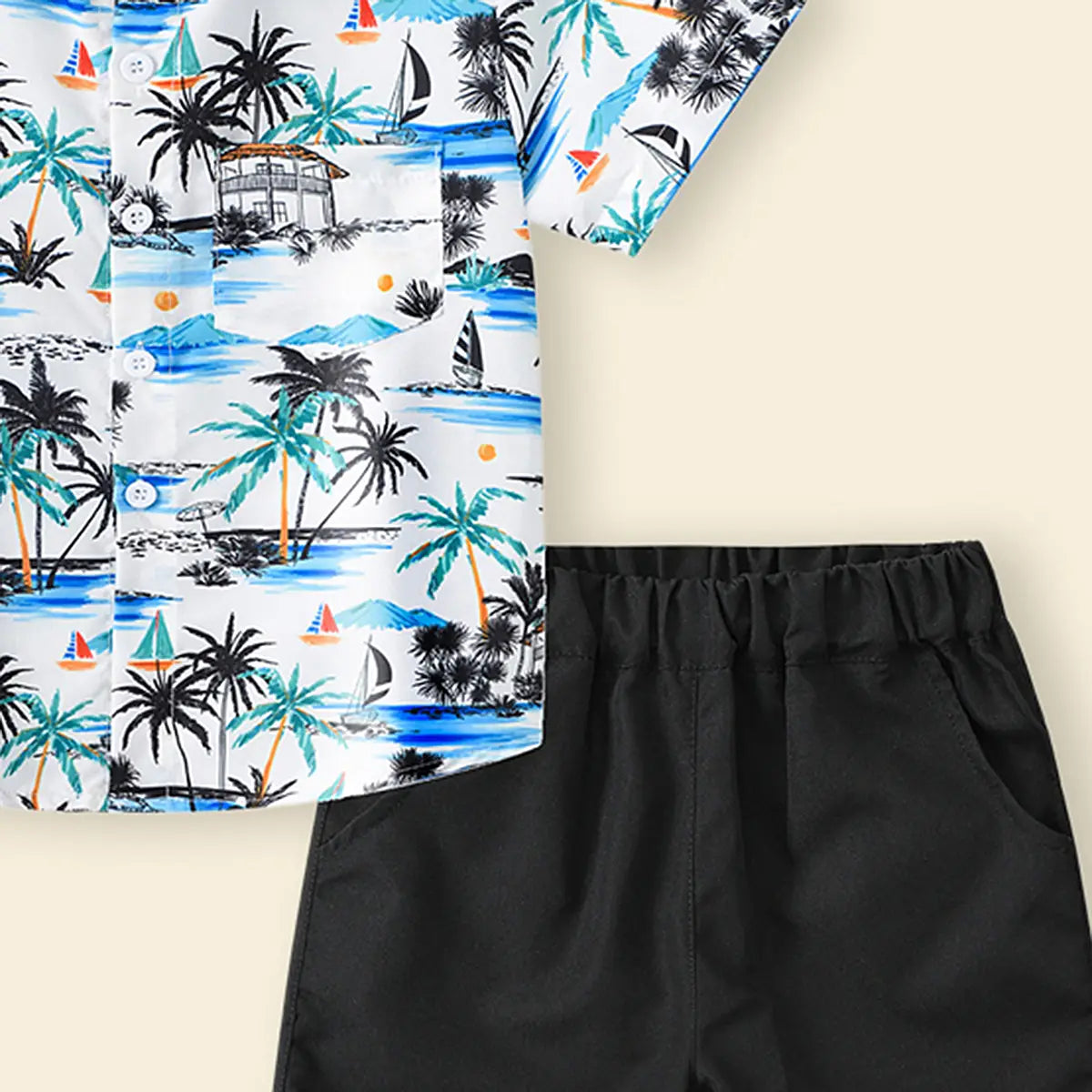 Boys White Tropical Print Short Sleeves Button-Down Shirt With Shorts Set Sets