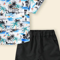 Boys White Tropical Print Short Sleeves Button-Down Shirt With Shorts Set Sets
