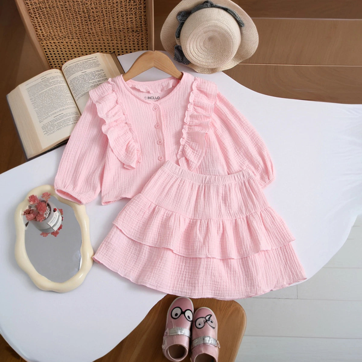 Girls Pink Textured Ruffled Top with Tiered Skirt Sets 2 pc. Sets Pink 1-2 Y