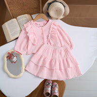 Girls Pink Textured Ruffled Top with Tiered Skirt Sets 2 pc. Sets Pink 1-2 Y